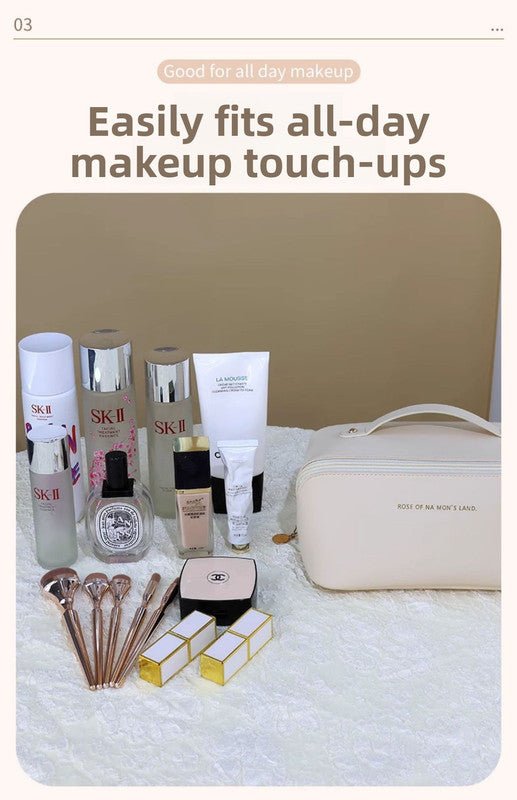 Large Capacity Travel Cosmetic Bag Portable PU Leather Pillow Pouch Waterproof Make Up Organiser Toiletry Case with Handle Apricot White - RnR Galore
