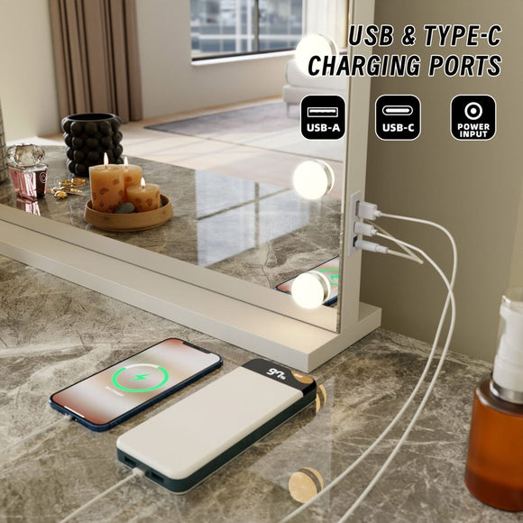 LED Beauty Mirror with 14 Bulbs, Colour Settings, USB A and USB C, White, 50 × 42cm - RnR Galore