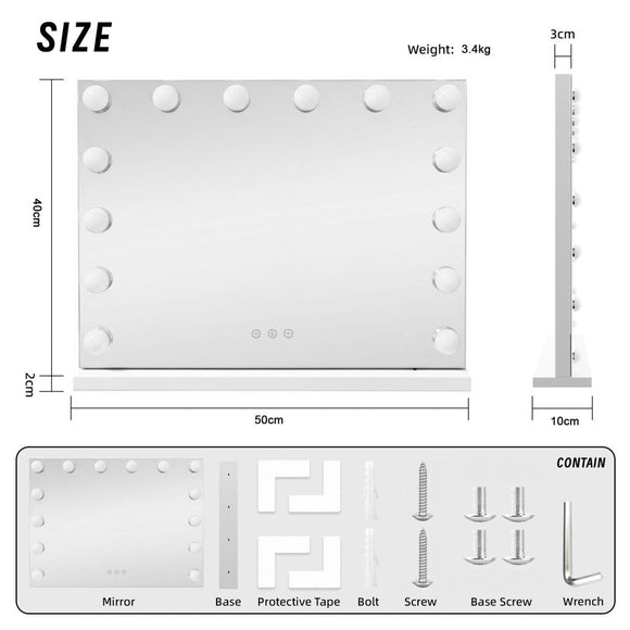 LED Beauty Mirror with 14 Bulbs, Colour Settings, USB A and USB C, White, 50 × 42cm - RnR Galore