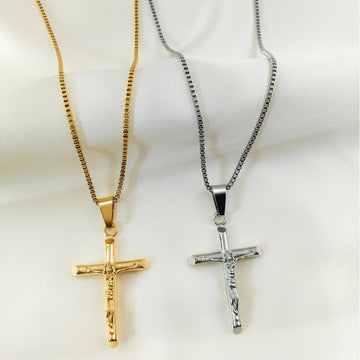 Men's Vintage Cross Pendant Necklace 2 - Piece Set – Includes Classic Steel & Luxury Gold Titanium Steel Chains (60cm Box Chain) - RnR Galore