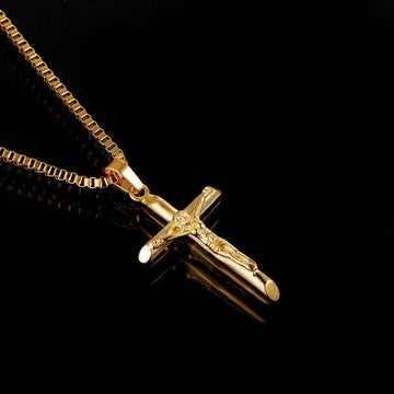 Men's Vintage Gold Cross Pendant Necklace Stainless Steel Titanium Steel Sweater Chain – Luxury Gold Finish with 60cm Box Chain - RnR Galore