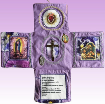 Mini Handcrafted Catholic Pocket Shrine – Foldable Prayer Altar with Silver Cross, Religious Art & Embroidered Prayers, Portable Faith Companion, 6.5 x 5.5 Inches (Purple) - RnR Galore
