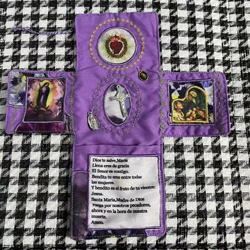 Mini Handcrafted Catholic Pocket Shrine – Foldable Prayer Altar with Silver Cross, Religious Art & Embroidered Prayers, Portable Faith Companion, 6.5 x 5.5 Inches (Purple) - RnR Galore