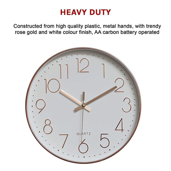 Modern Rose Gold Wall Clock – Silent Non - Ticking Quartz Battery Operated Design - RnR Galore
