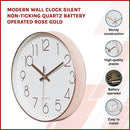 Modern Rose Gold Wall Clock – Silent Non - Ticking Quartz Battery Operated Design - RnR Galore