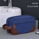 Navy Blue Men's Vintage Canvas Toiletry Bag PU Leather Accent Travel Wash Pouch Large Capacity Shaving Kit Organiser - RnR Galore