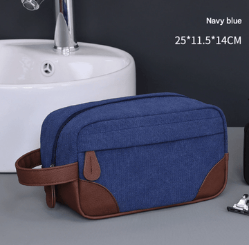 Navy Blue Men's Vintage Canvas Toiletry Bag PU Leather Accent Travel Wash Pouch Large Capacity Shaving Kit Organiser - RnR Galore