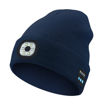 Navy blue Wireless Bluetooth Beanie Hat with USB Rechargeable LED Headlight - Unisex Knit Cap for Running & Camping - RnR Galore