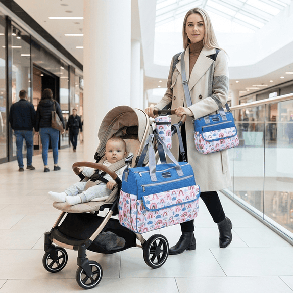 Newborn Diaper Bag Set with Changing Pad – 4 - Piece Baby Organizer, Large Capacity Mom Backpack, Insulated Bottle Sleeve & Lunch Bag, Travel Diaper Bag for Moms (Blue) - RnR Galore
