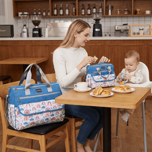 Newborn Diaper Bag Set with Changing Pad – 4 - Piece Baby Organizer, Large Capacity Mom Backpack, Insulated Bottle Sleeve & Lunch Bag, Travel Diaper Bag for Moms (Blue) - RnR Galore