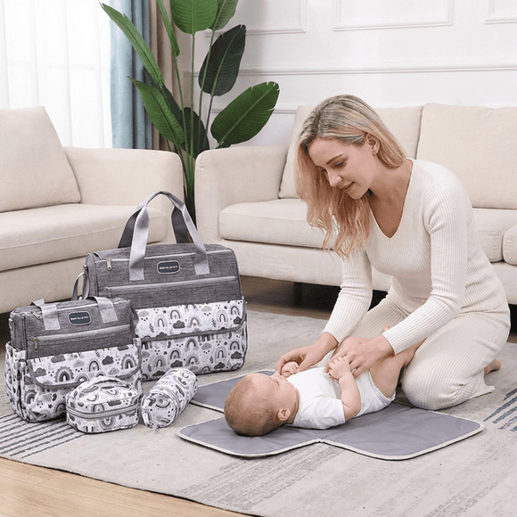 Newborn Diaper Bag Set with Changing Pad – 4 - Piece Baby Organizer, Large Capacity Mom Backpack, Insulated Bottle Sleeve & Lunch Bag, Travel Diaper Bag for Moms (Grey) - RnR Galore