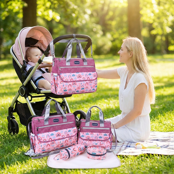 Newborn Diaper Bag Set with Changing Pad – 4 - Piece Baby Organizer, Large Capacity Mom Backpack, Insulated Bottle Sleeve & Lunch Bag, Travel Diaper Bag for Moms (Red) - RnR Galore