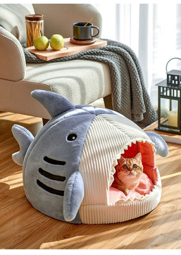 Novelty Shark Pet Cave Bed Enclosed Cozy Sleeping Nest for Cats and Small Dogs Soft Flannel Year Round Comfort Light Blue L Size - RnR Galore