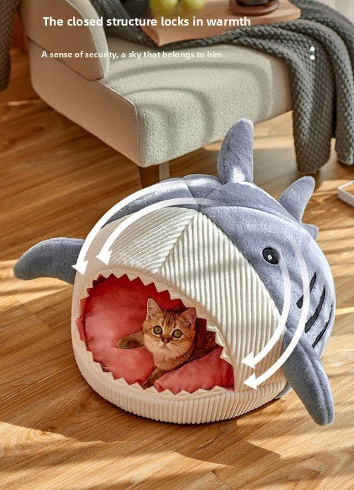 Novelty Shark Pet Cave Bed Enclosed Cozy Sleeping Nest for Cats and Small Dogs Soft Flannel Year Round Comfort Light Blue L Size - RnR Galore