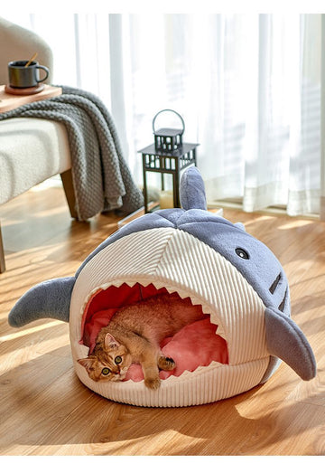 Novelty Shark Pet Cave Bed Enclosed Cozy Sleeping Nest for Cats and Small Dogs Soft Flannel Year Round Comfort Light Blue L Size - RnR Galore