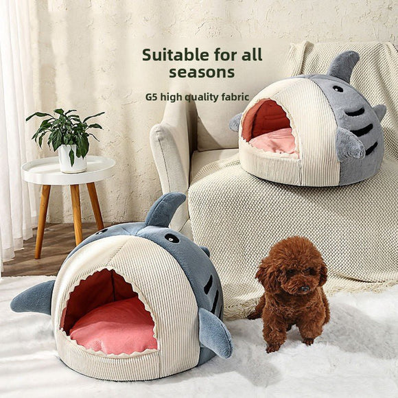 Novelty Shark Pet Cave Bed Enclosed Cozy Sleeping Nest for Cats and Small Dogs Soft Flannel Year Round Comfort Light Blue M Size - RnR Galore