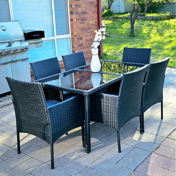 Outdoor Minimalist Black Wicker 6 - Seater Dining Set - RnR Galore