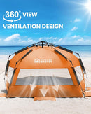 OutdoorMaster Pop Up 3 - 4 Person Beach Tent X - Large - Easy Setup, Portable Beach Shade Canopy Folding Sun Shelter with UPF 50+ UV Protection Removable Skylight Family Size (Orange) - RnR Galore
