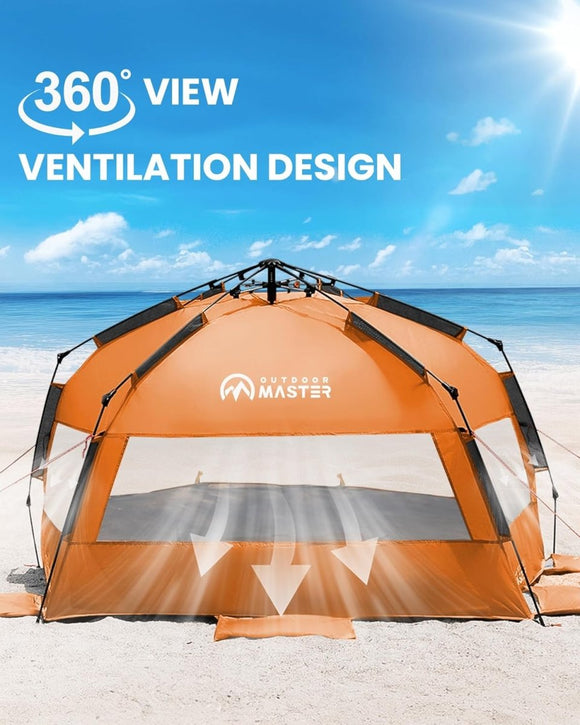 OutdoorMaster Pop Up 3 - 4 Person Beach Tent X - Large - Easy Setup, Portable Beach Shade Canopy Folding Sun Shelter with UPF 50+ UV Protection Removable Skylight Family Size (Orange) - RnR Galore