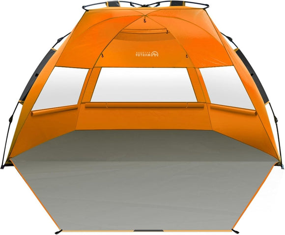 OutdoorMaster Pop Up 3 - 4 Person Beach Tent X - Large - Easy Setup, Portable Beach Shade Canopy Folding Sun Shelter with UPF 50+ UV Protection Removable Skylight Family Size (Orange) - RnR Galore