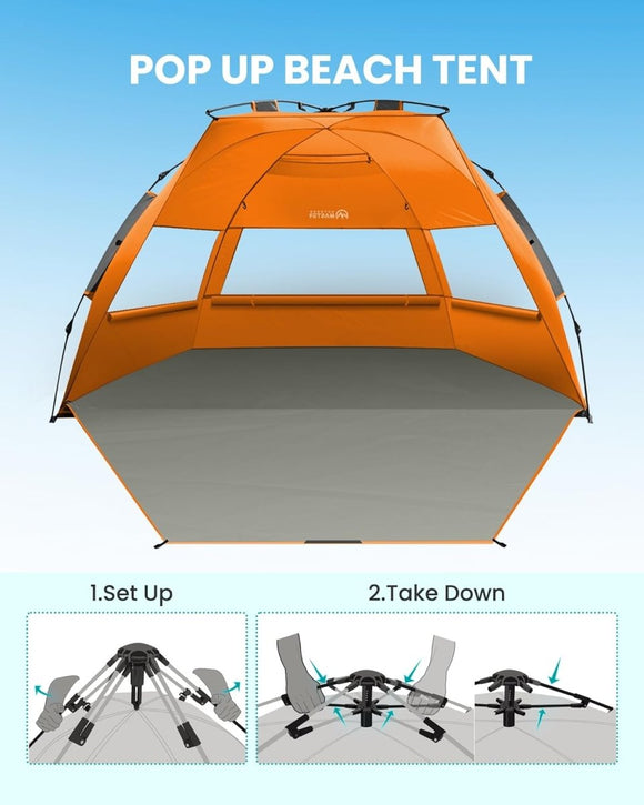 OutdoorMaster Pop Up 3 - 4 Person Beach Tent X - Large - Easy Setup, Portable Beach Shade Canopy Folding Sun Shelter with UPF 50+ UV Protection Removable Skylight Family Size (Orange) - RnR Galore