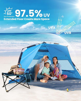 OutdoorMaster Pop Up 3 - 4 Person Beach Tent X - Large - Easy Setup, Portable Beach Shade Canopy Folding Sun Shelter with UPF 50+ UV Protection Removable Skylight Family Size (Blue) - RnR Galore