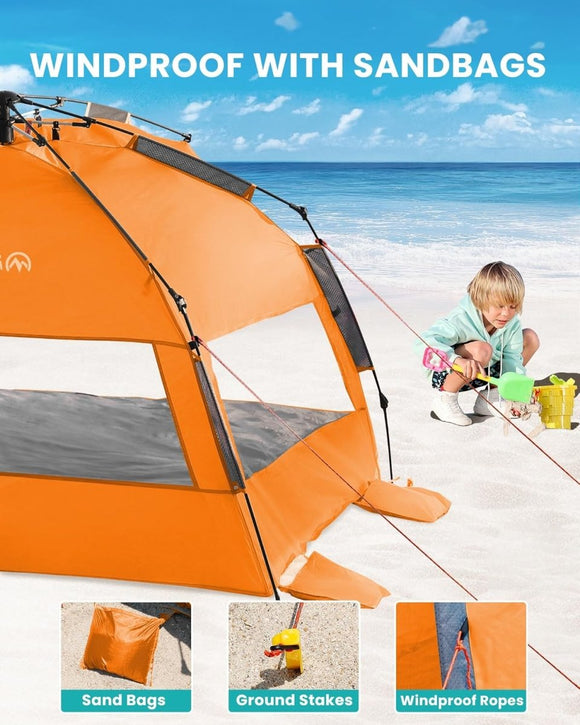 OutdoorMaster Pop Up 3 - 4 Person Beach Tent X - Large - Easy Setup, Portable Beach Shade Canopy Folding Sun Shelter with UPF 50+ UV Protection Removable Skylight Family Size (Orange) - RnR Galore
