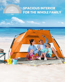 OutdoorMaster Pop Up 3 - 4 Person Beach Tent X - Large - Easy Setup, Portable Beach Shade Canopy Folding Sun Shelter with UPF 50+ UV Protection Removable Skylight Family Size (Orange) - RnR Galore