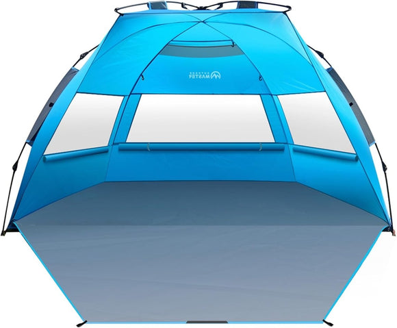 OutdoorMaster Pop Up 3 - 4 Person Beach Tent X - Large - Easy Setup, Portable Beach Shade Canopy Folding Sun Shelter with UPF 50+ UV Protection Removable Skylight Family Size (Blue) - RnR Galore