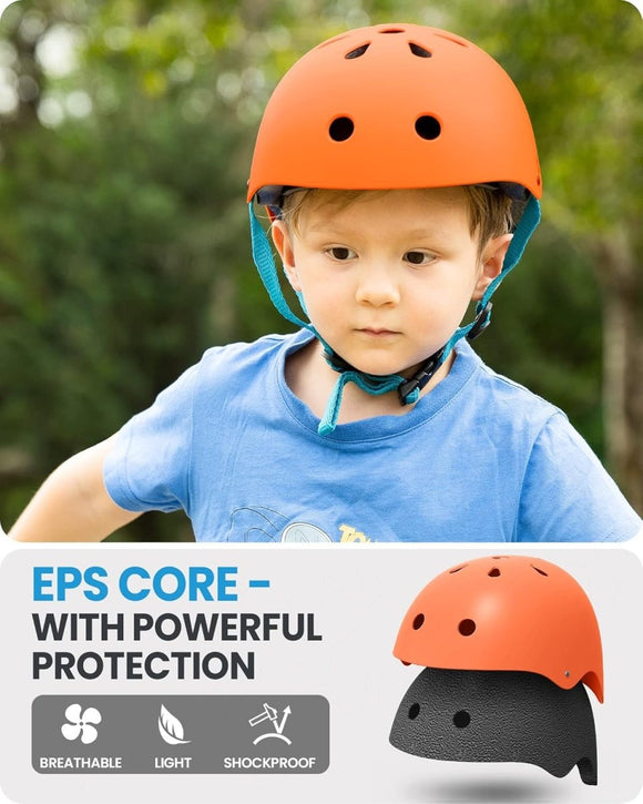 OutdoorMaster Youth & Kids Bike Helmet - Adjustable Multi - Sports Skateboard Helmet with Removable Liners for Balance Bike, Toddler Scooter, One Wheel Hoverboard - Orange - Small - RnR Galore