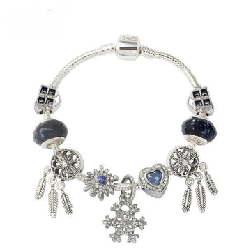 Pandora - Style Rhinestone Blue Cat’s Eye Heart Bracelet: Glass Beads, Dreamcatcher Feather Snowflake(20cm) - RnR Galore