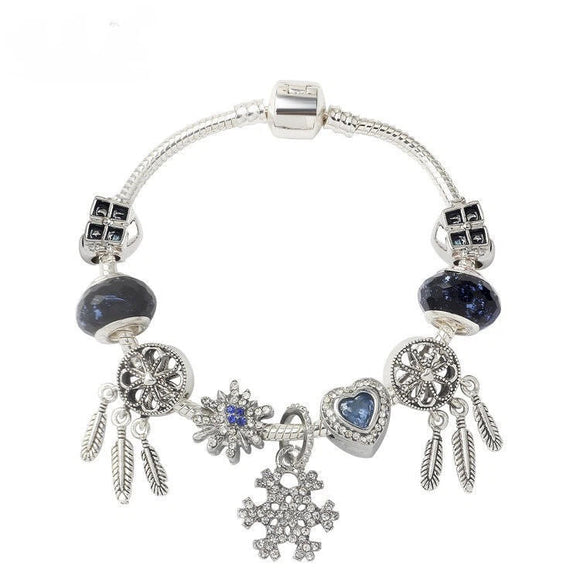 Pandora - Style Rhinestone Blue Cat’s Eye Heart Bracelet: Glass Beads, Dreamcatcher Feather Snowflake(20cm) - RnR Galore