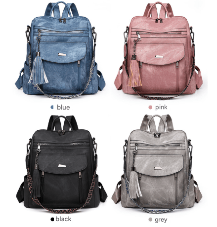 Pink Chic Women's PU Leather Convertible Backpack - Anti - Theft Design, Multi - Pocket Shoulder Bag with Tassel - RnR Galore