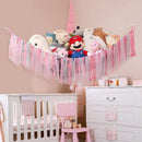 Pink Corner Plush Toy Organizer (100x100x150cm) with Ribbon Accent & Installation Kit - Handwoven Cotton Mesh Toy Storage Hammock - RnR Galore