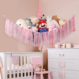 Pink Corner Plush Toy Organizer (100x100x150cm) with Ribbon Accent & Installation Kit - Handwoven Cotton Mesh Toy Storage Hammock - RnR Galore