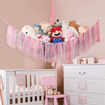 Pink Corner Plush Toy Organizer (100x100x150cm) with Ribbon Accent & Installation Kit - Handwoven Cotton Mesh Toy Storage Hammock - RnR Galore