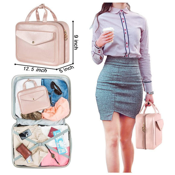 Pink Portable Large Hanging Womens' Luxury PU Leather Cosmetic Bag - Waterproof Travel Toiletry Organizer , Easy Visibility & Durable - RnR Galore