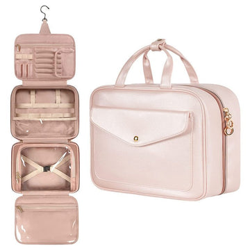 Pink Portable Large Hanging Womens' Luxury PU Leather Cosmetic Bag - Waterproof Travel Toiletry Organizer , Easy Visibility & Durable - RnR Galore
