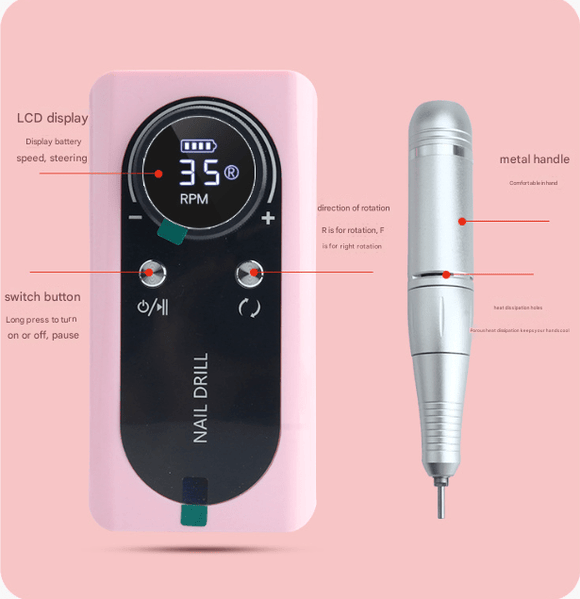 Pink Professional Rechargeable Nail Drill Machine - 45000RPM Portable E - File Kit for Acrylic, Gel, Polishing & Manicure - RnR Galore