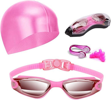 Pink Swim Goggles Set with Cap, Nose Clip, Earplugs & Case: Anti - Fog UV Protection for Men & Women - RnR Galore