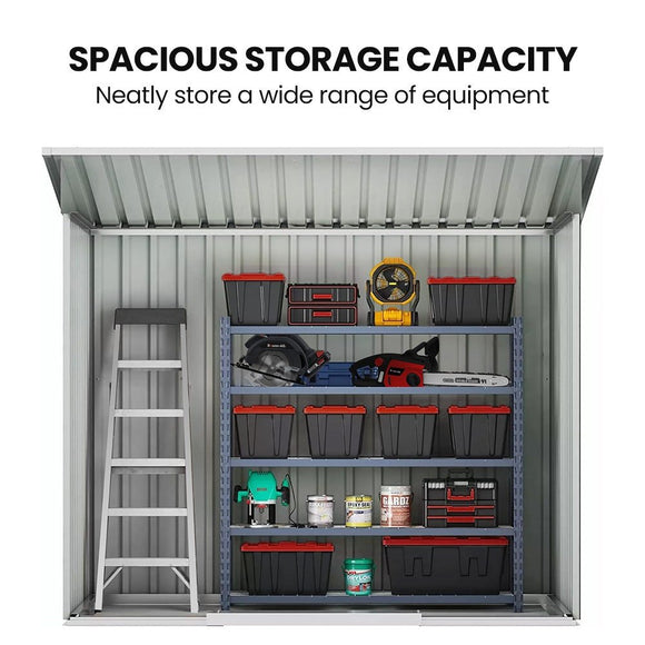 PlantCraft Galvanised Steel Garden Shed 2.38 x 1.31 x 1.82m, with 2 Sliding Doors, 2 Air Vents, Skillion Roof, Floor Frame - RnR Galore