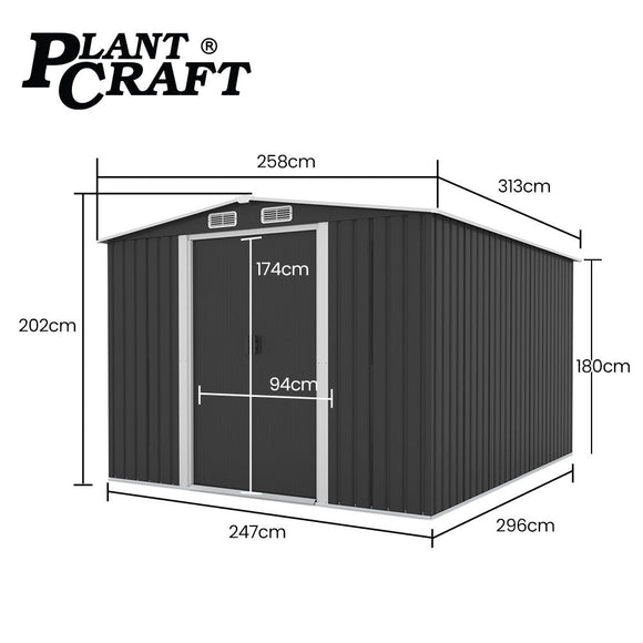 PlantCraft Galvanised Steel Garden Shed 2.58 x 3.13 x 2.02m, with 2 Sliding Doors, 4 Air Vents, Gable Roof, Floor Frame - RnR Galore