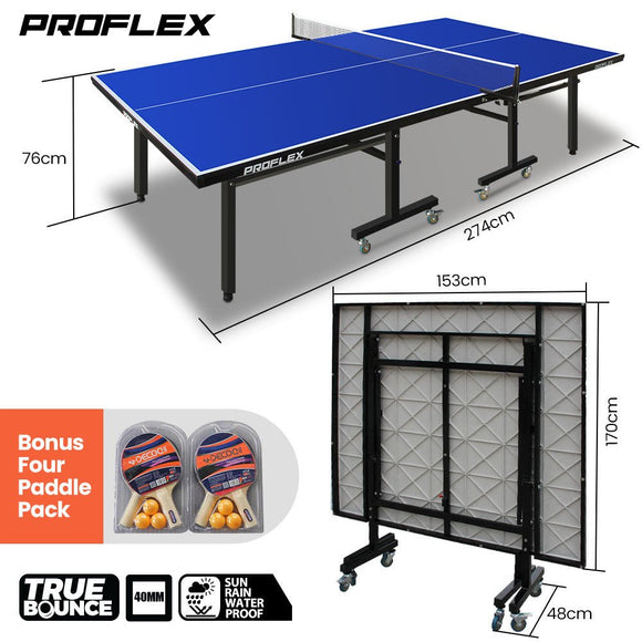Proflex Premium Outdoor Table Tennis Table, with 4 Player Ping Pong Paddle and Pingpong Ball Pack - RnR Galore