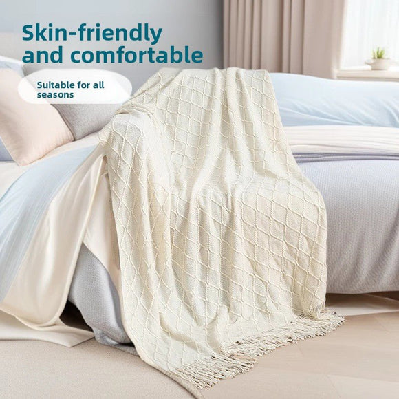 Pure white Nordic Knitted Throw Blanket with Tassels 130x230cm Soft Acrylic Diamond Pattern Sofa Cover Bed Runner and Travel Blanket - RnR Galore