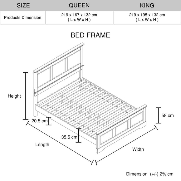 Queen Bed Frame in Solid Wood with Slats Support in White colour - RnR Galore