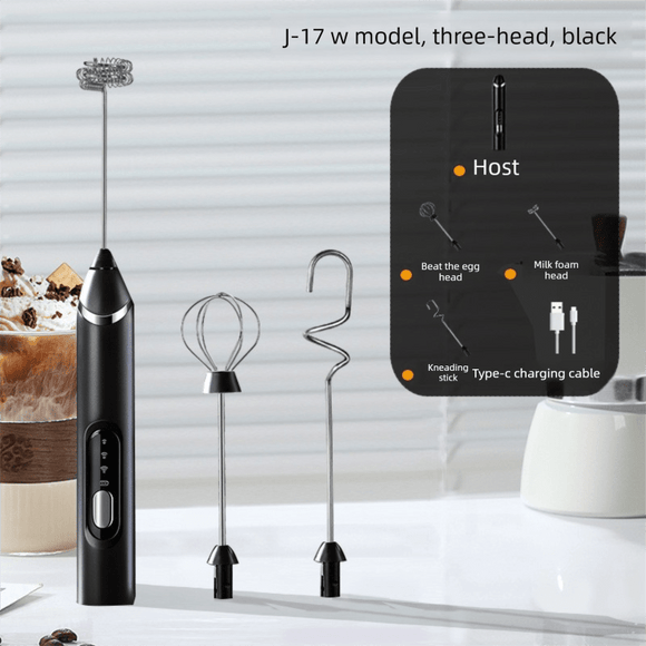 Rechargeable 3 - in - 1 Handheld Milk Frother Set - Electric Whisk with Egg Beater & Mixing Hook - 3 Speed Adjustable Foam Maker for Coffee, Lattes, Baking & Baby Food (Black) - RnR Galore