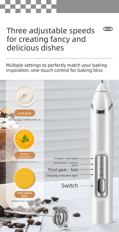 Rechargeable 3 - in - 1 Handheld Milk Frother Set - Electric Whisk with Egg Beater & Mixing Hook - 3 Speed Adjustable Foam Maker for Coffee, Lattes, Baking & Baby Food (White) - RnR Galore