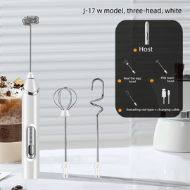 Rechargeable 3 - in - 1 Handheld Milk Frother Set - Electric Whisk with Egg Beater & Mixing Hook - 3 Speed Adjustable Foam Maker for Coffee, Lattes, Baking & Baby Food (White) - RnR Galore