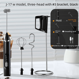 Rechargeable 3 - in - 1 Milk Frother Set with Metal Stand - Handheld Electric Whisk, Egg Beater & Mixing Hook - 3 Speed Foam Maker for Coffee, Lattes & Baking (Black) - RnR Galore