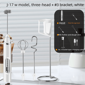Rechargeable 3 - in - 1 Milk Frother Set with Metal Stand - Handheld Electric Whisk, Egg Beater & Mixing Hook - 3 Speed Foam Maker for Coffee, Lattes & Baking (White) - RnR Galore